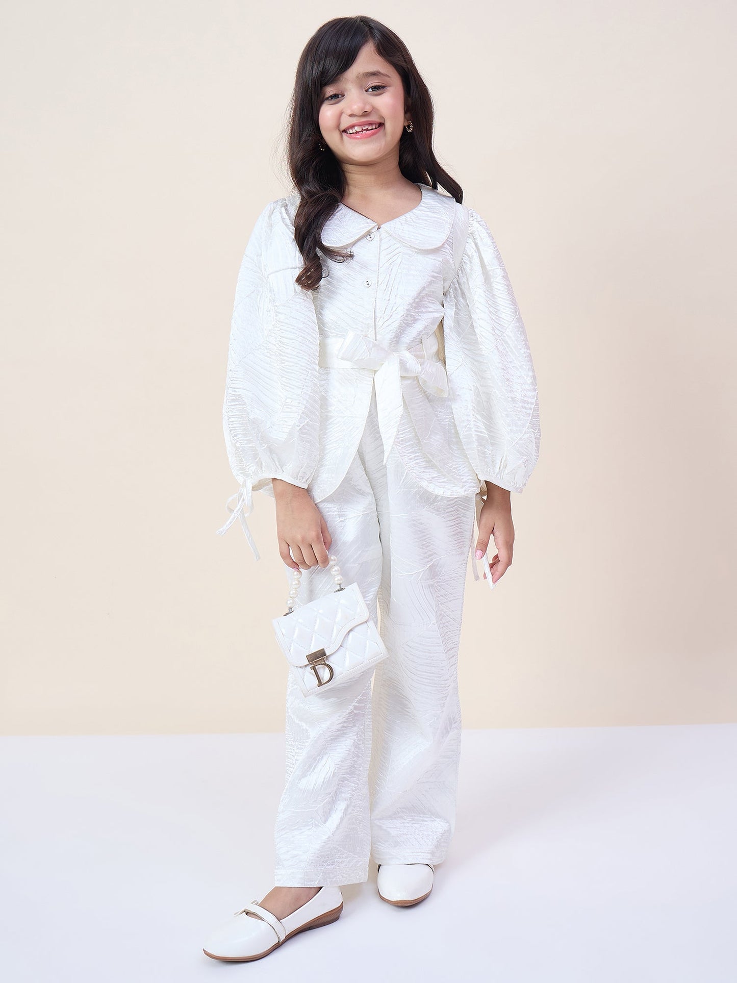 Girls Hip Length Solid Top With Pants - White