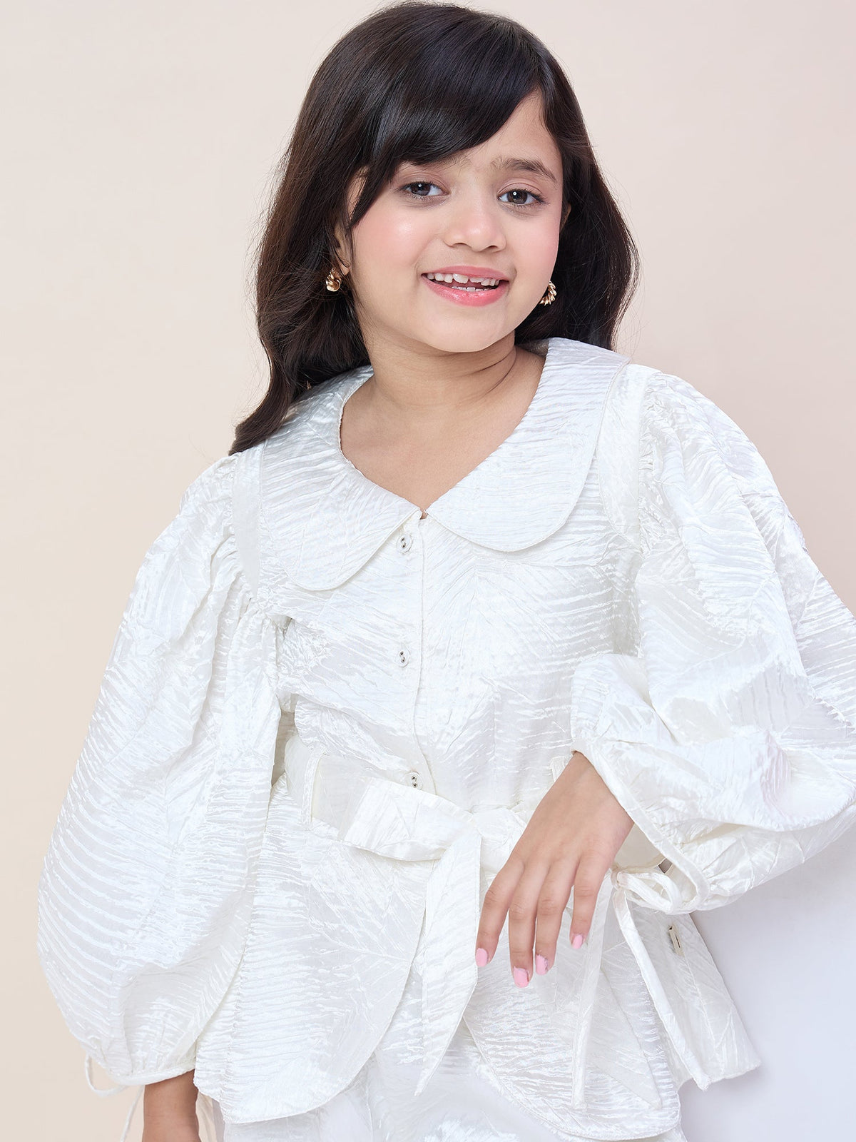 Girls Hip Length Solid Top With Pants - White