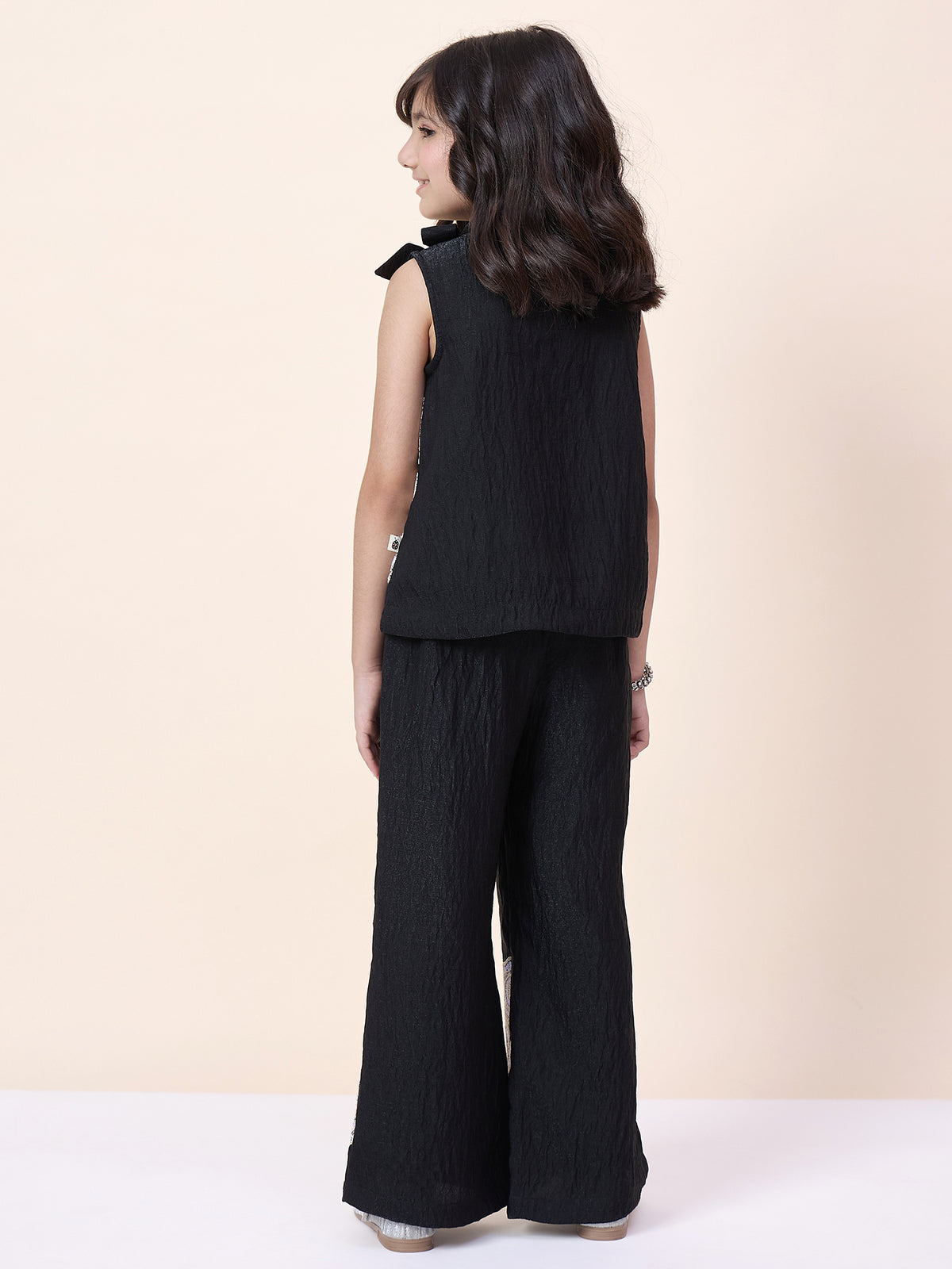 Girls Hip Length Embroidery Top With Pants - Black