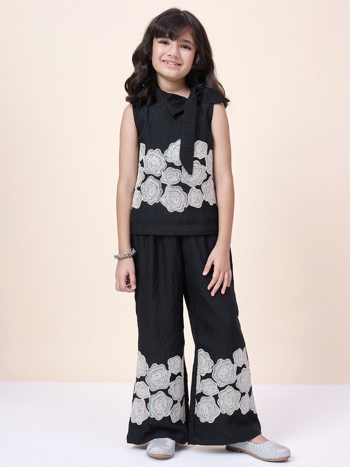 Girls Hip Length Embroidery Top With Pants - Black