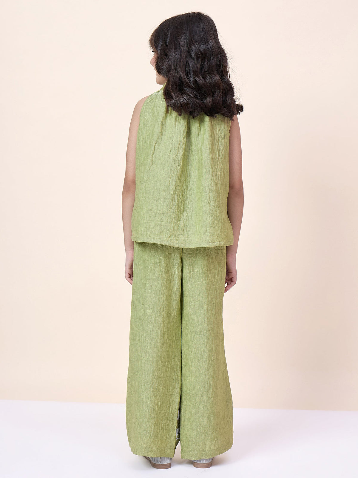 Girls Hip Length Embroidery Top With Pants - Green