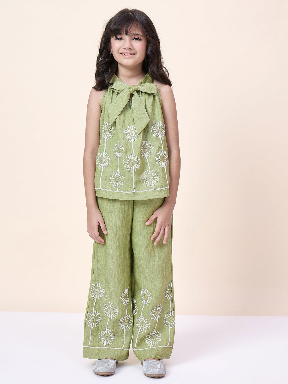 Girls Hip Length Embroidery Top With Pants - Green