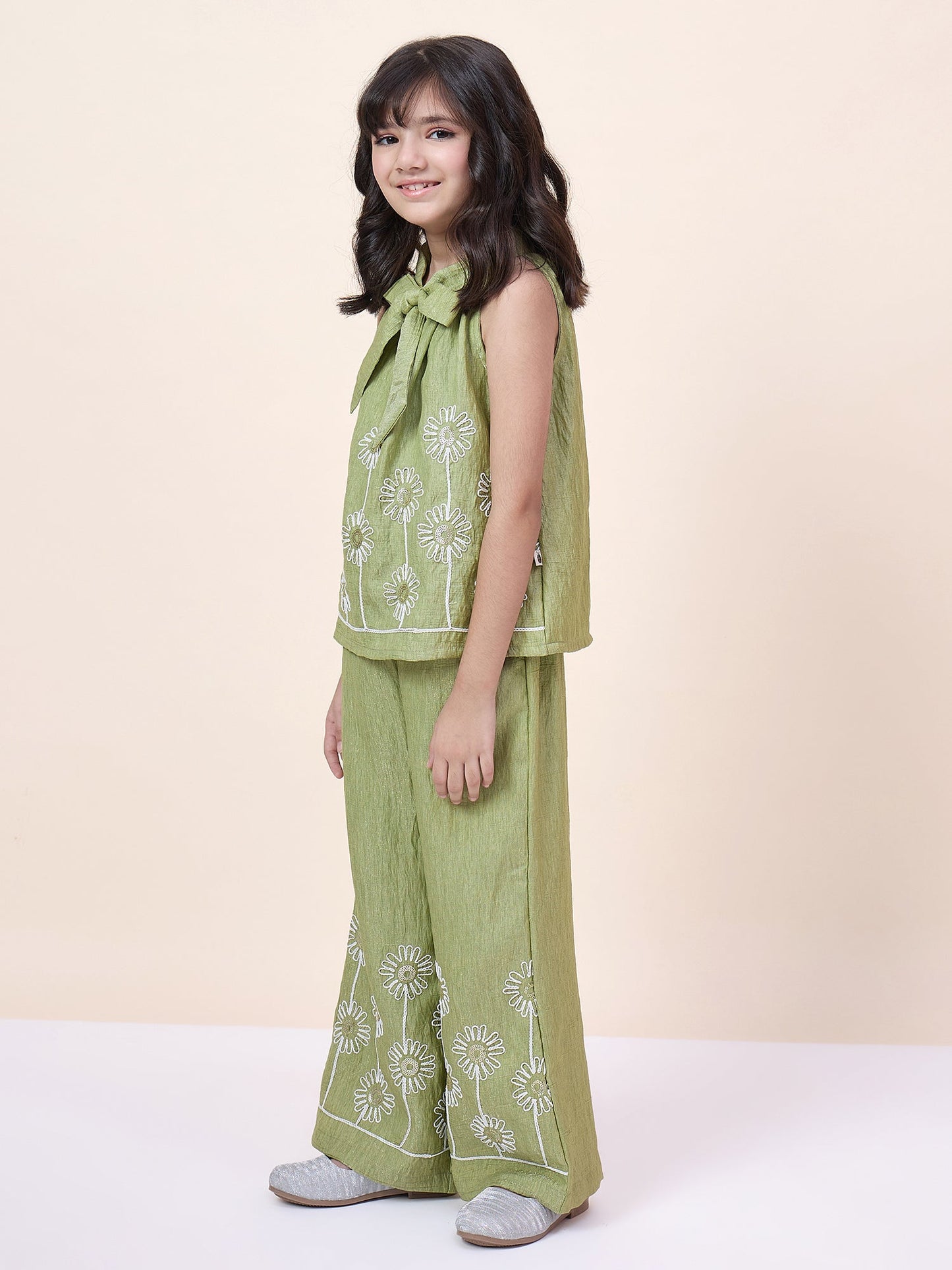 Girls Hip Length Embroidery Top With Pants - Green