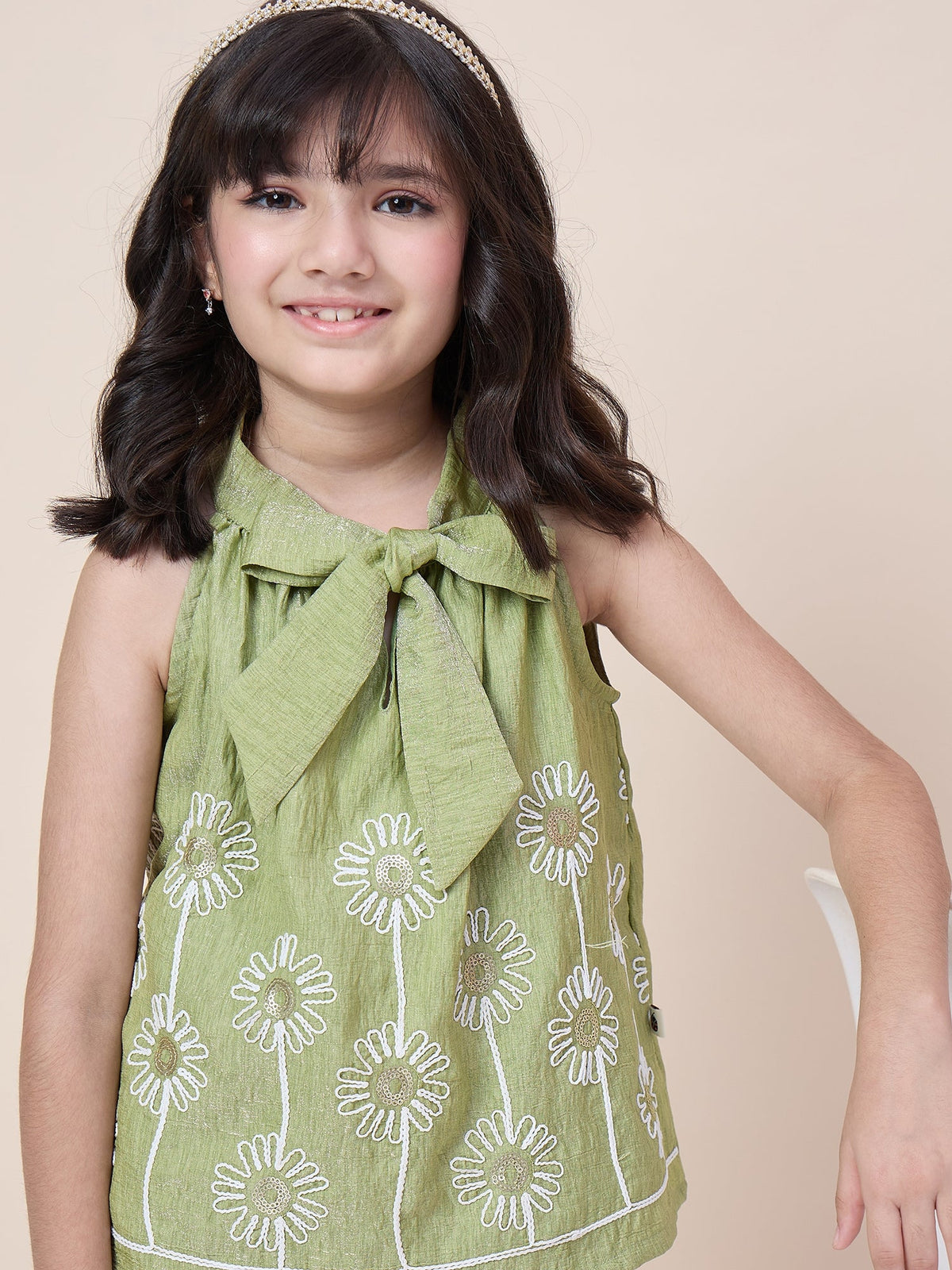 Girls Hip Length Embroidery Top With Pants - Green