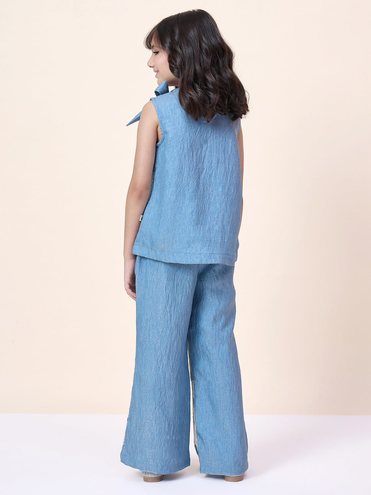 Girls Hip Length Embroidery Top With Pants - Blue