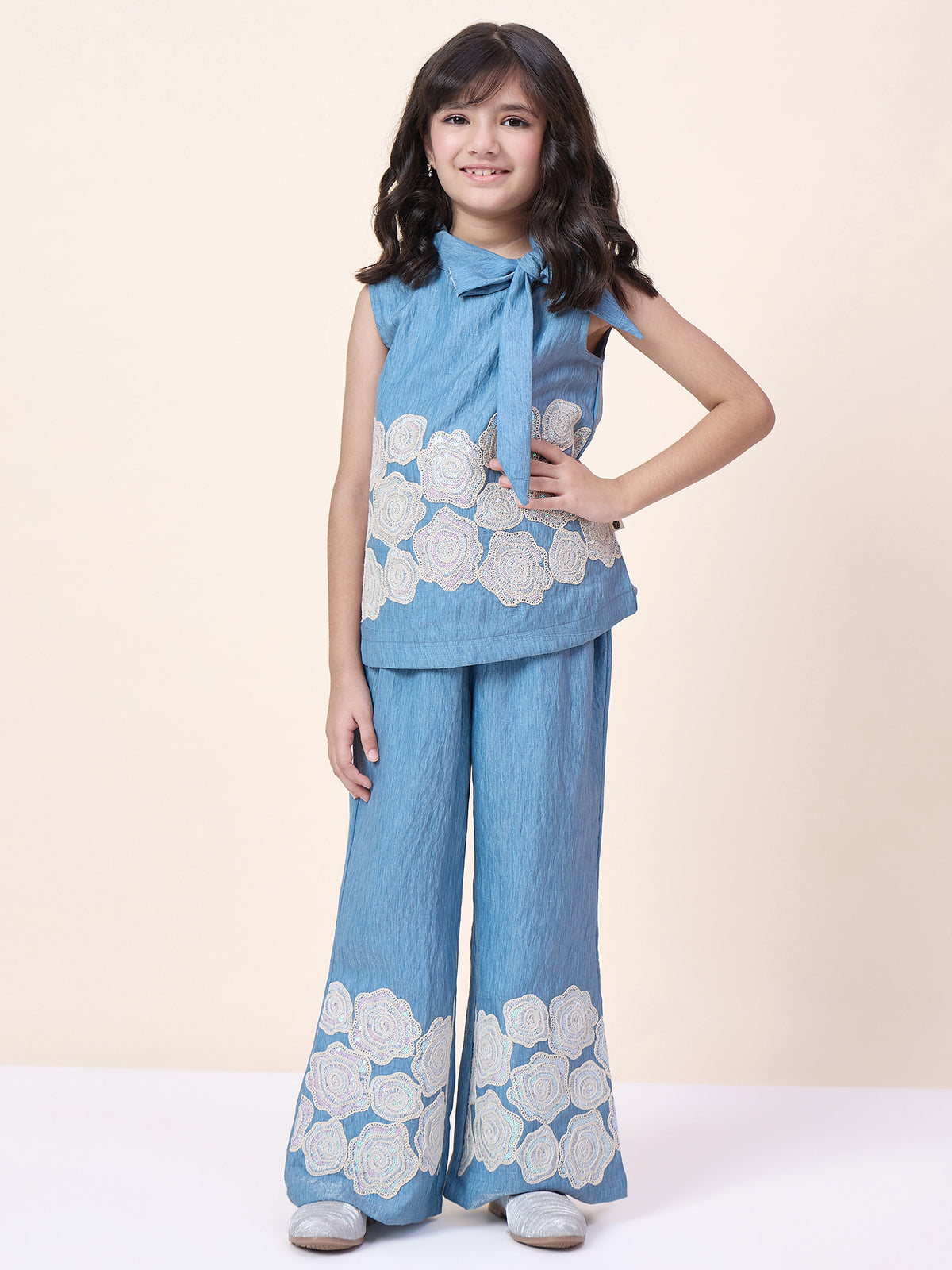 Girls Hip Length Embroidery Top With Pants - Blue