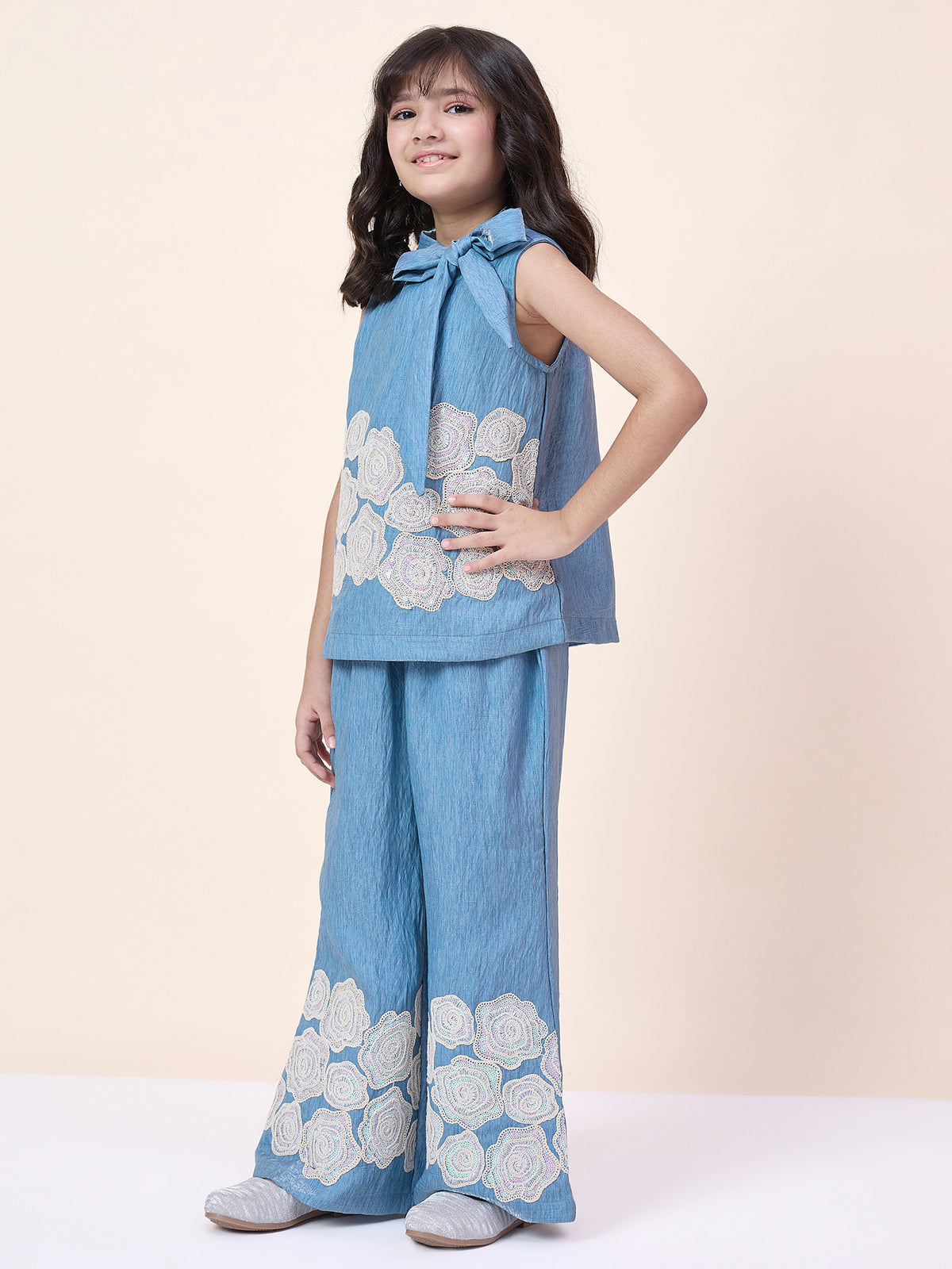 Girls Hip Length Embroidery Top With Pants - Blue