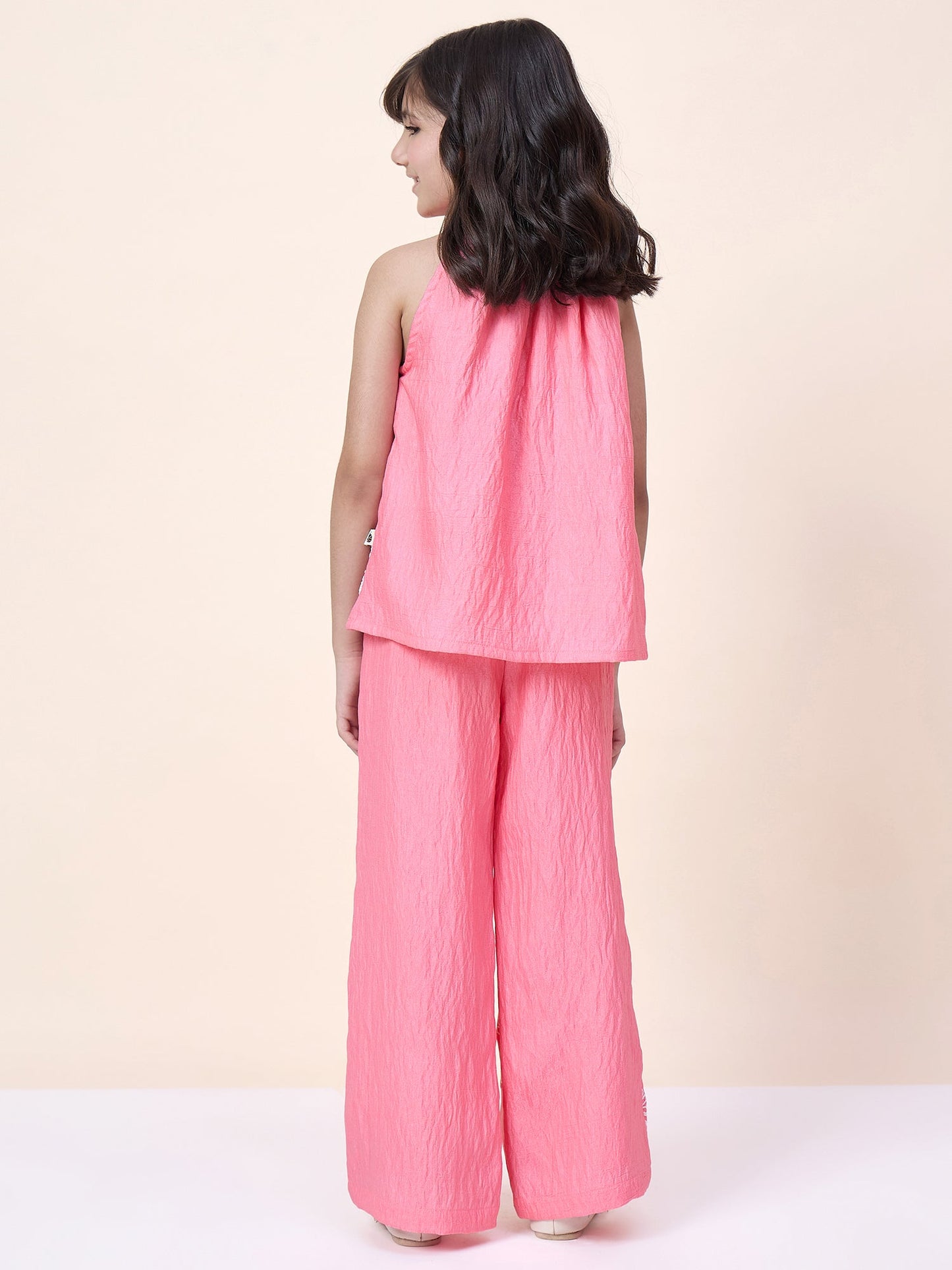 Girls Hip Length Embroidery Top With Pants - Pink