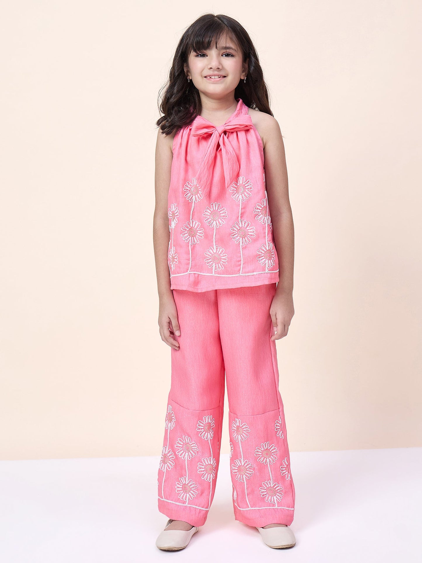 Girls Hip Length Embroidery Top With Pants - Pink