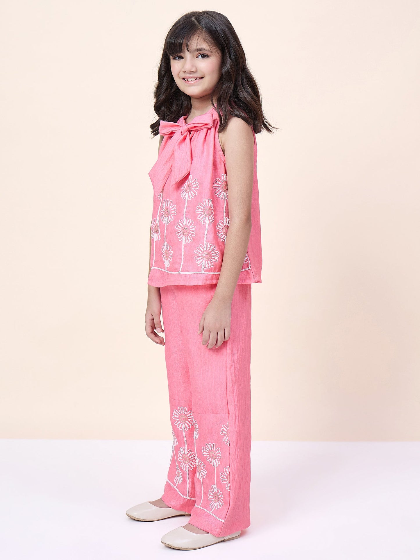 Girls Hip Length Embroidery Top With Pants - Pink