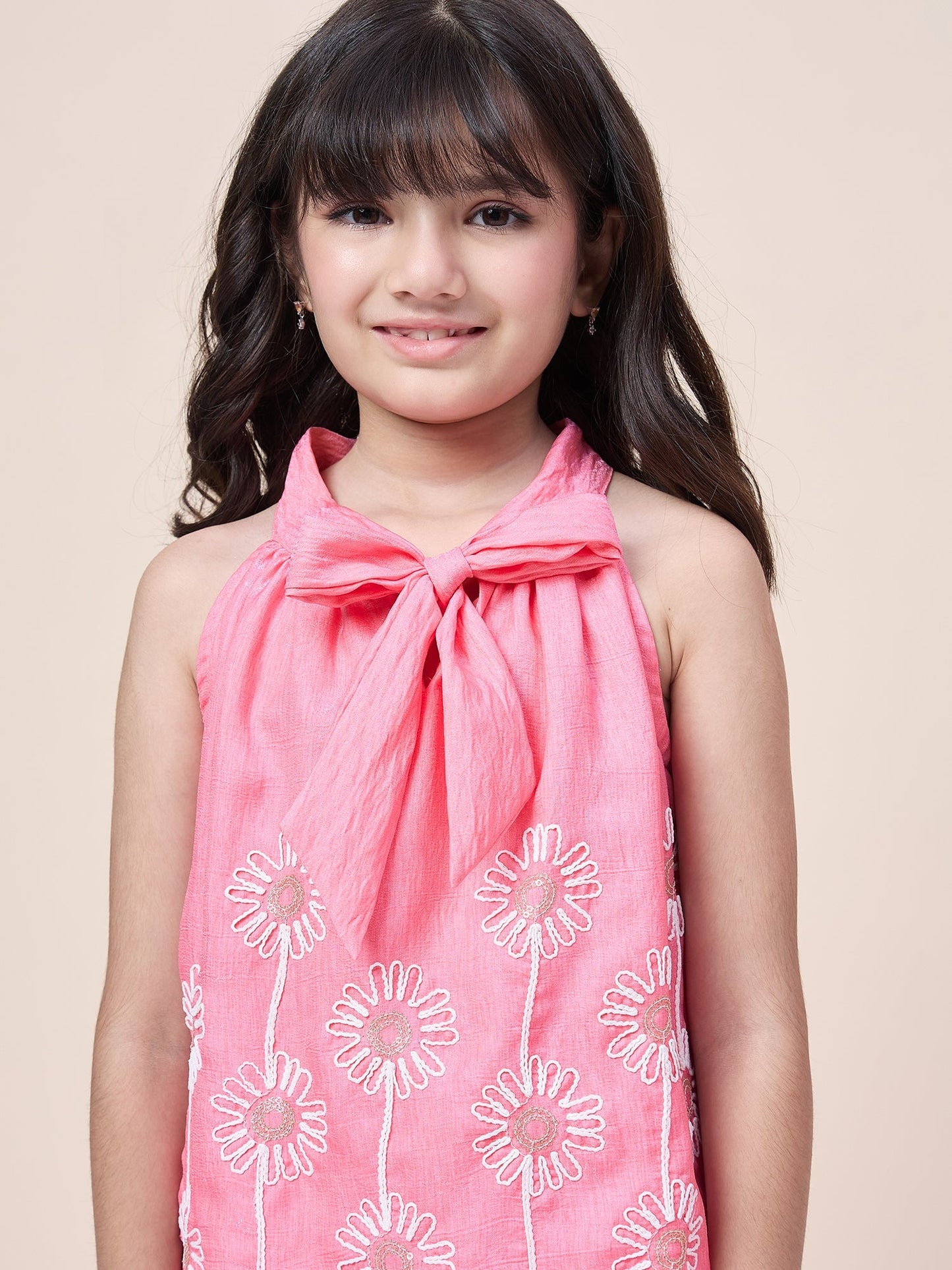 Girls Hip Length Embroidery Top With Pants - Pink