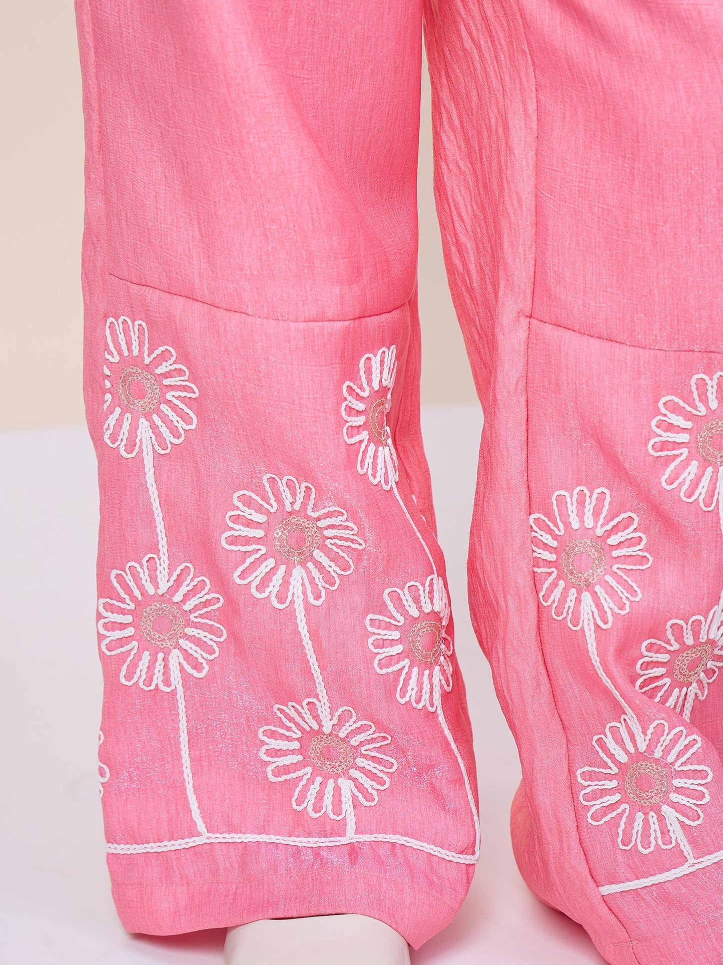 Girls Hip Length Embroidery Top With Pants - Pink