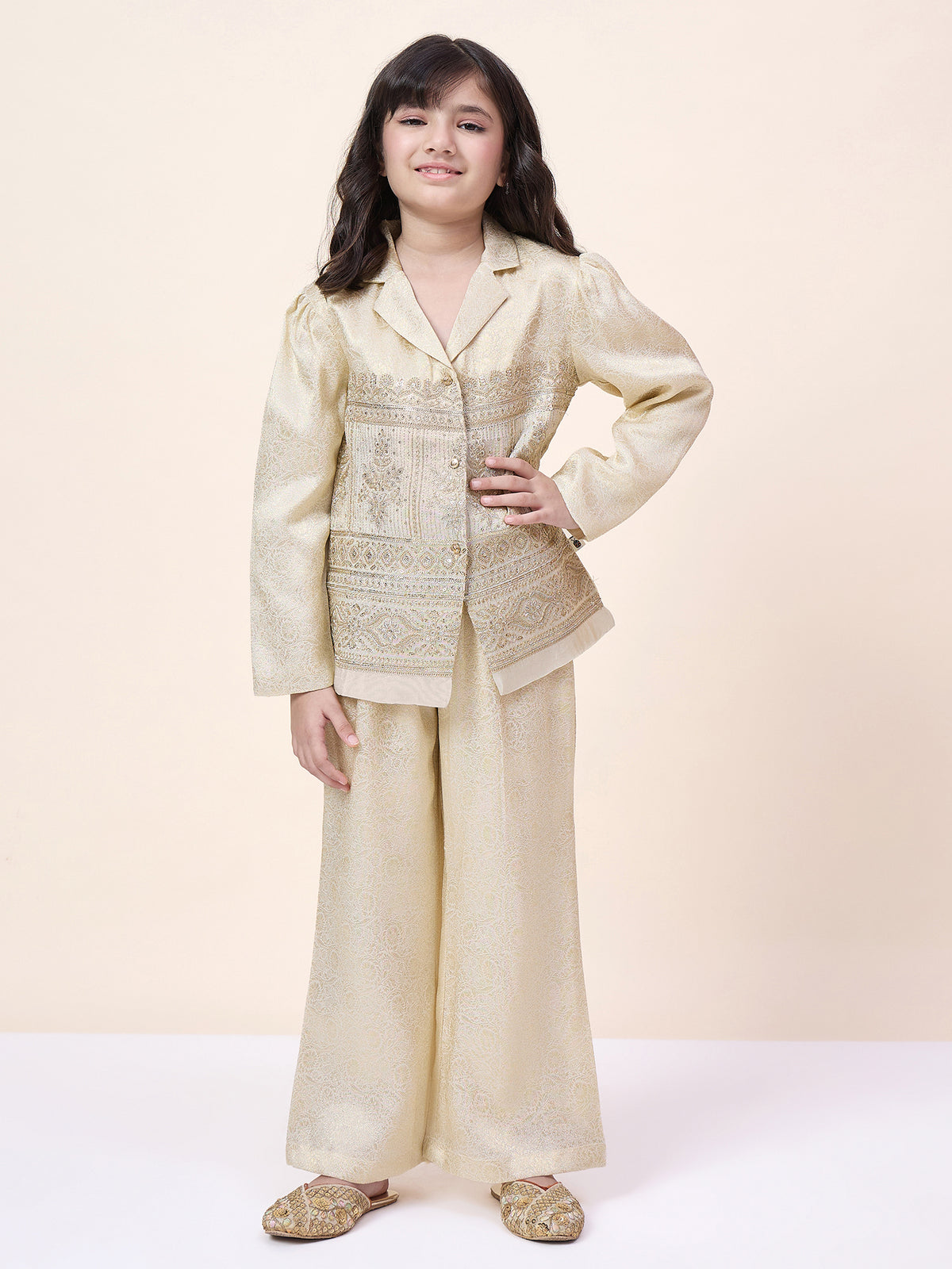 Girls Hip Length Embroidery Top With Pants - Off-White