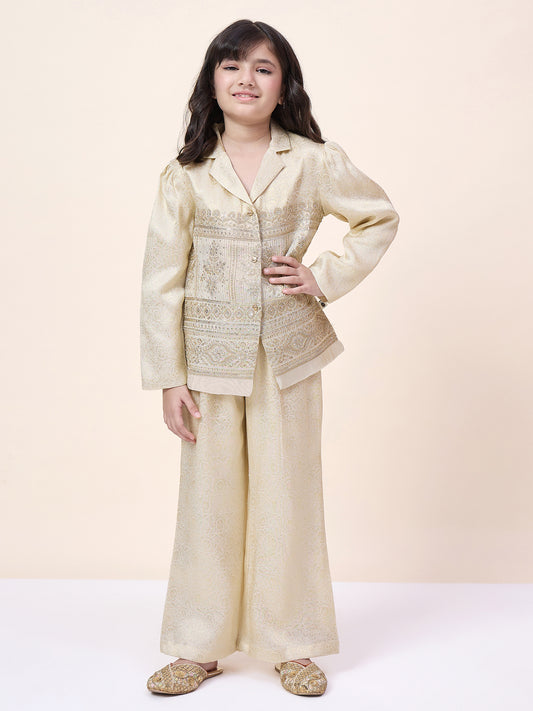 Girls Hip Length Embroidery Top With Pants - Off-White