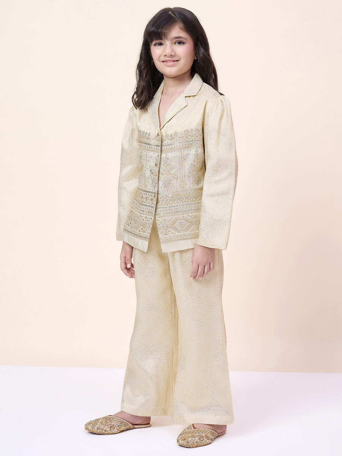 Girls Hip Length Embroidery Top With Pants - Off-White