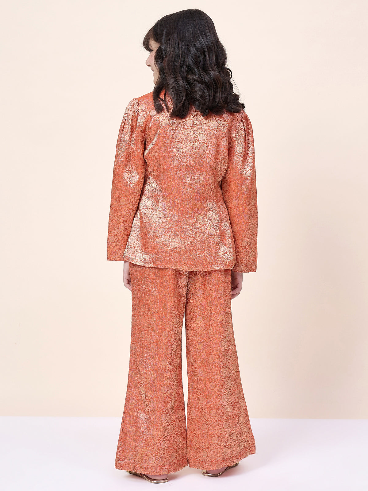Girls Hip Length Embroidery Top With Pants - Orange