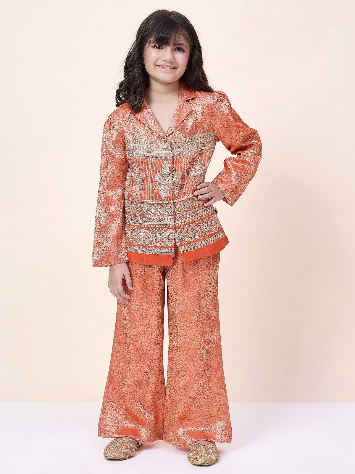 Girls Hip Length Embroidery Top With Pants - Orange