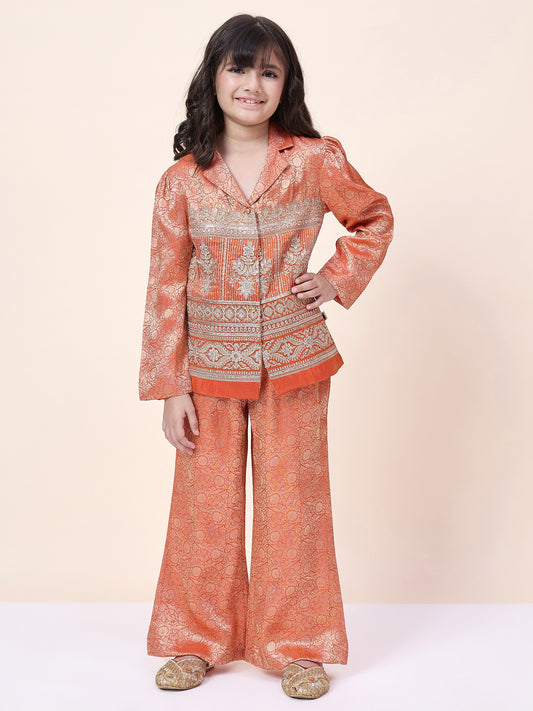 Girls Hip Length Embroidery Top With Pants - Orange
