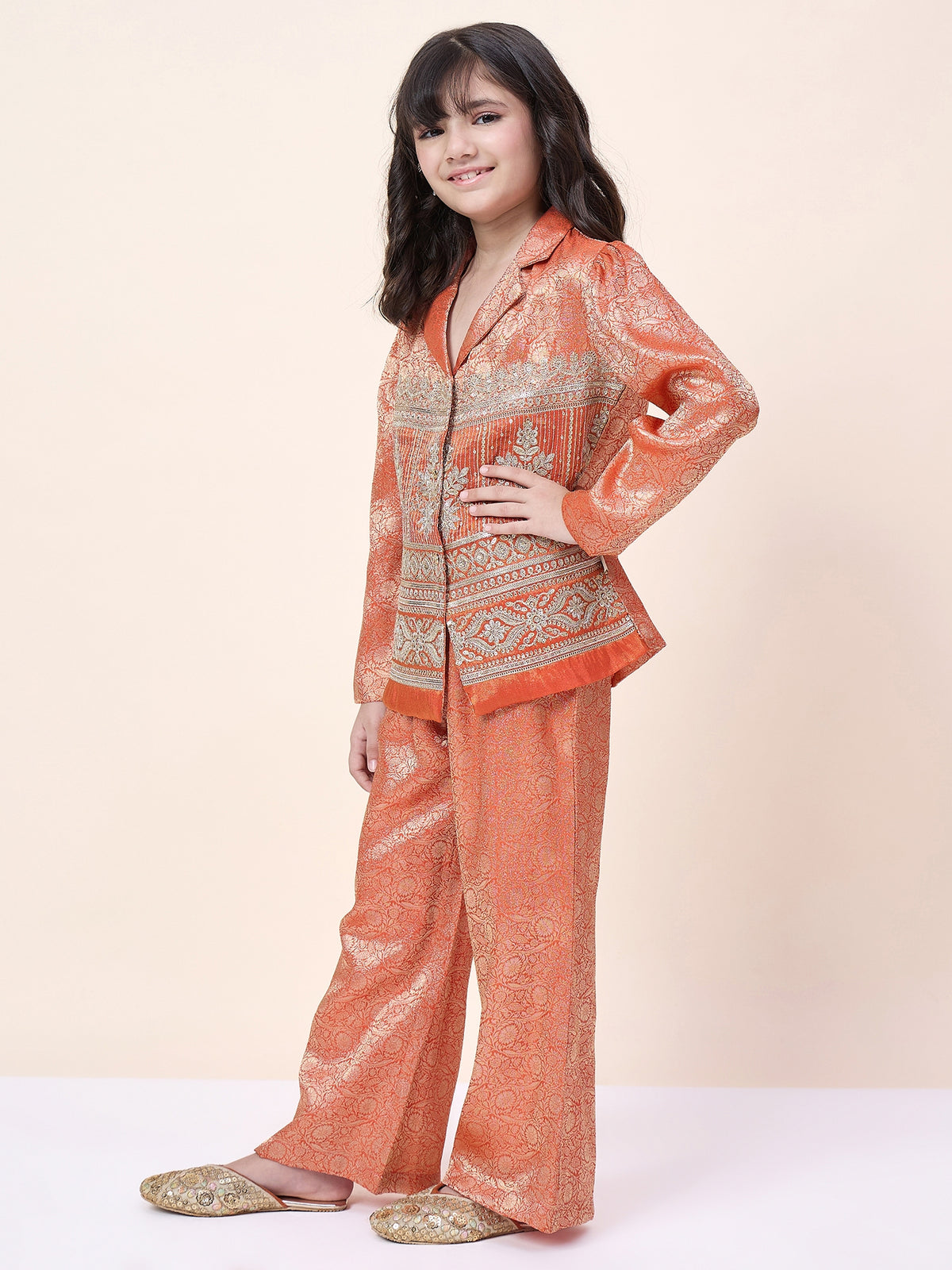 Girls Hip Length Embroidery Top With Pants - Orange