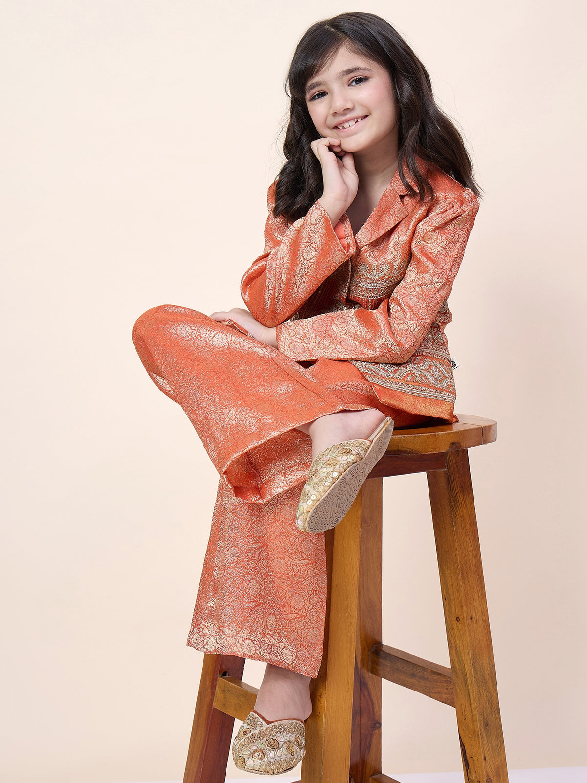 Girls Hip Length Embroidery Top With Pants - Orange