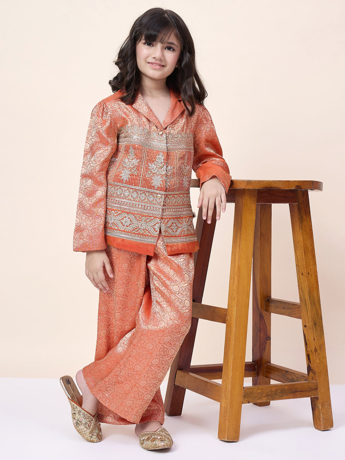 Girls Hip Length Embroidery Top With Pants - Orange