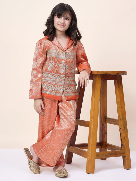 Girls Hip Length Embroidery Top With Pants - Orange