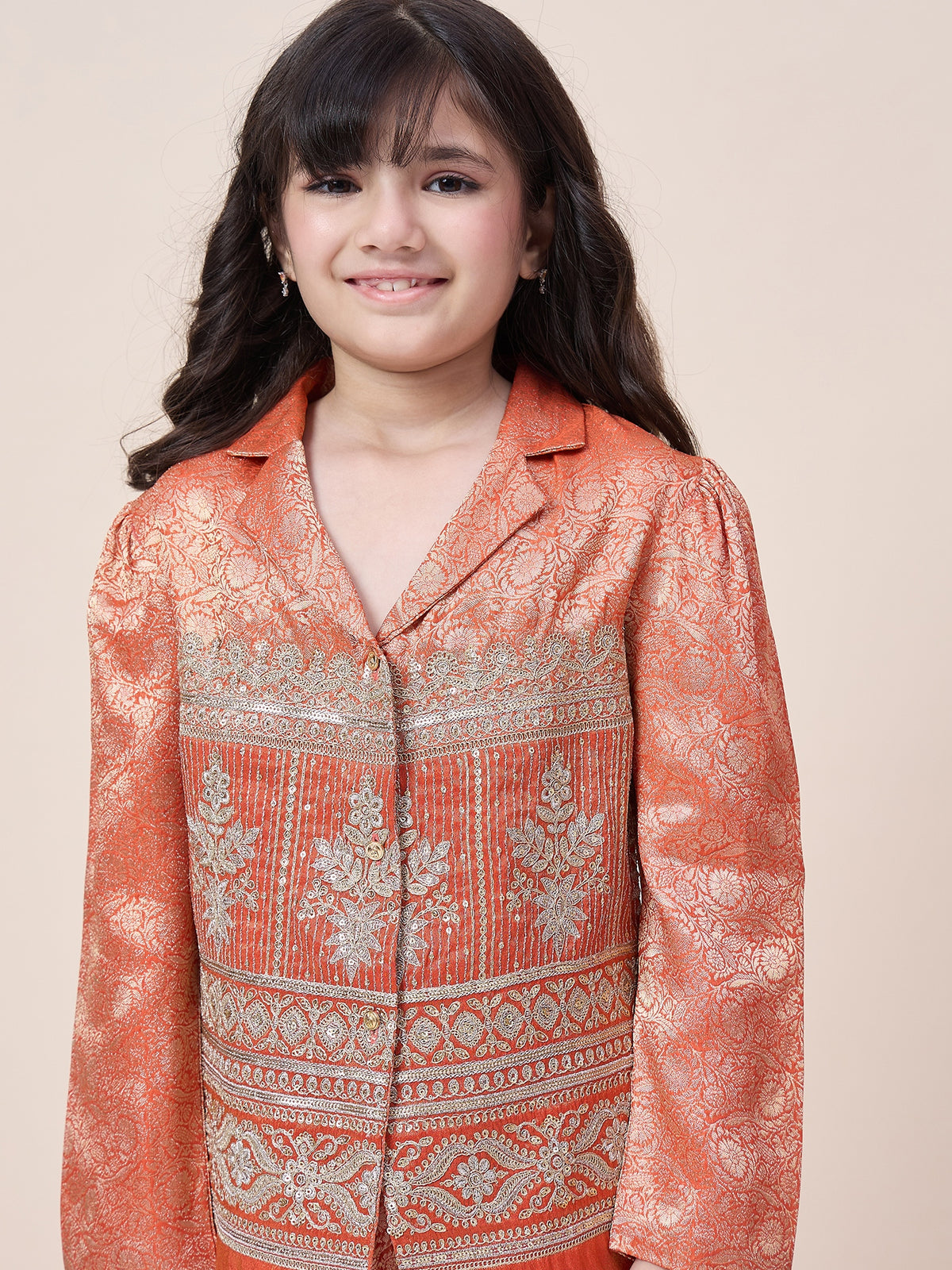 Girls Hip Length Embroidery Top With Pants - Orange