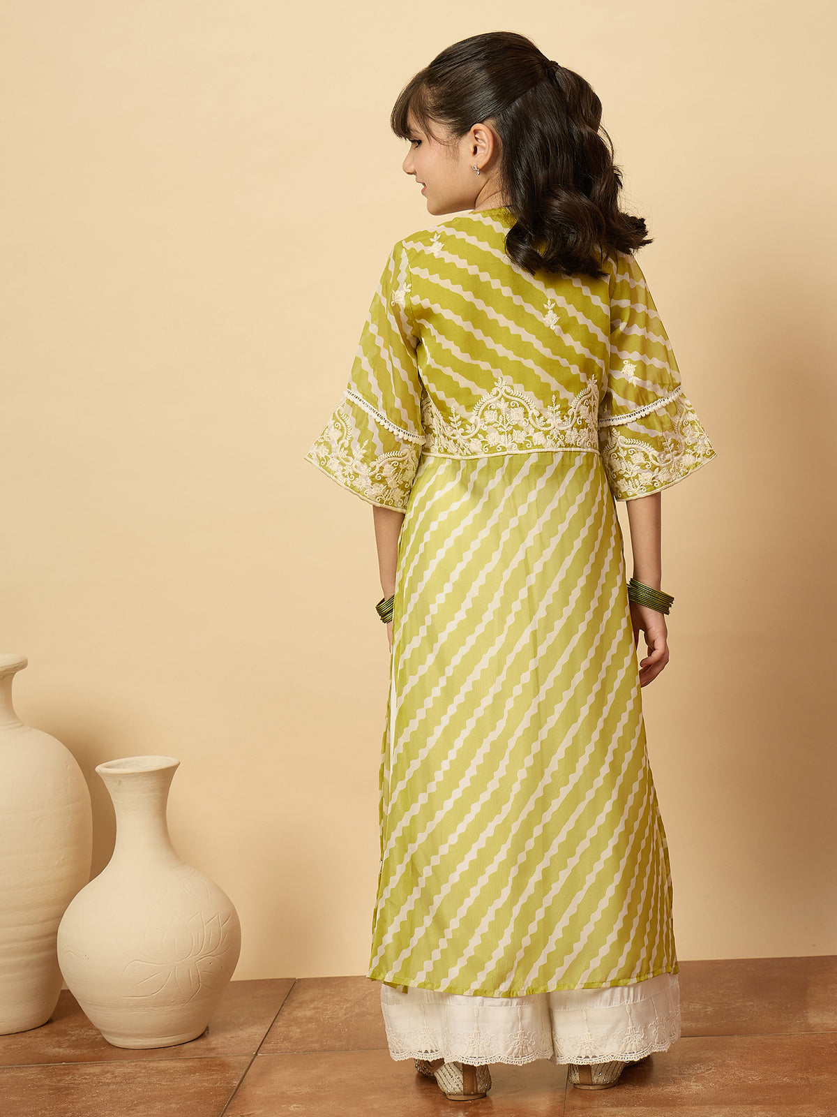 Girls Calf Length Embroidery Kurti Set - Green