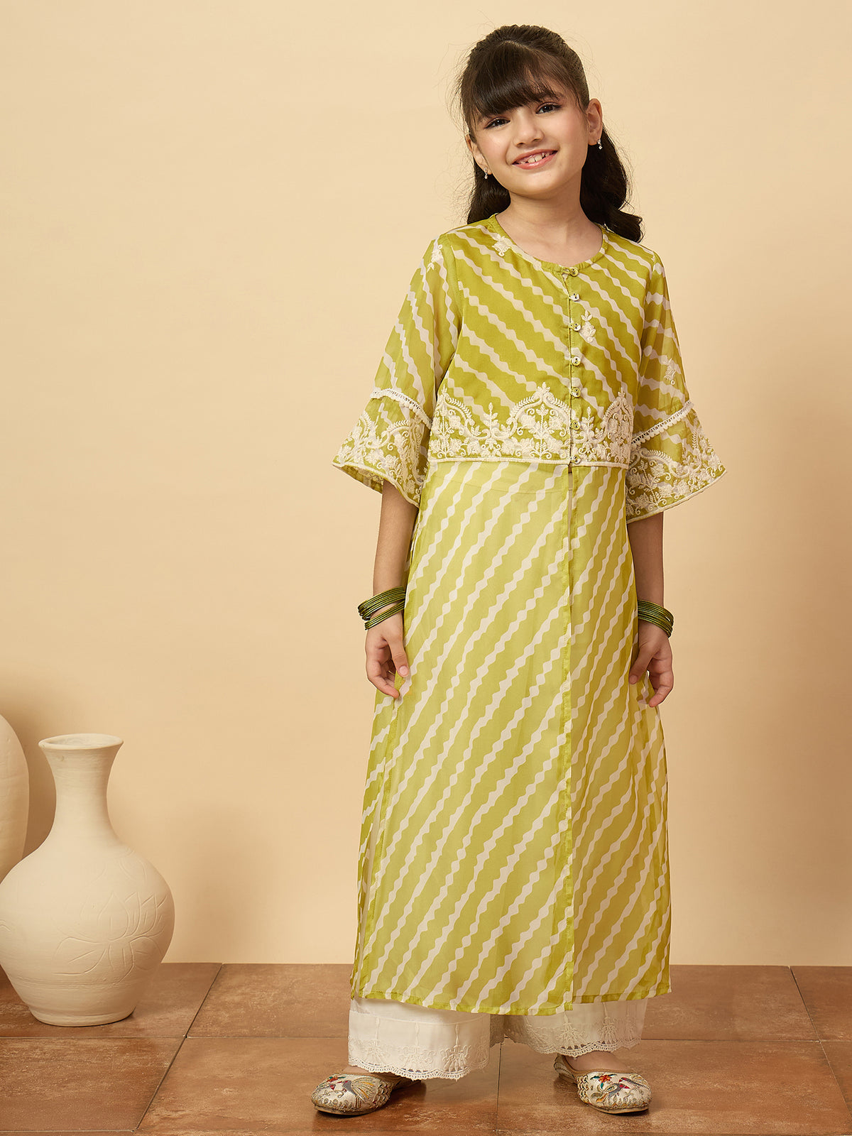 Girls Calf Length Embroidery Kurti Set - Green