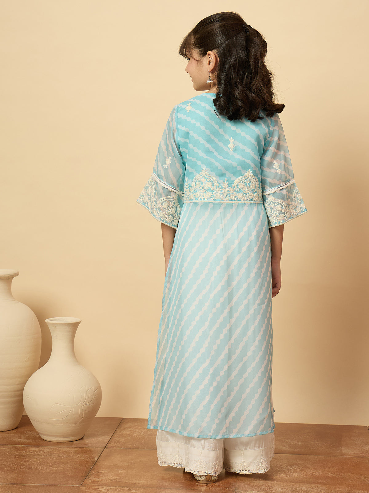 Girls Calf Length Embroidery Kurti Set - Blue