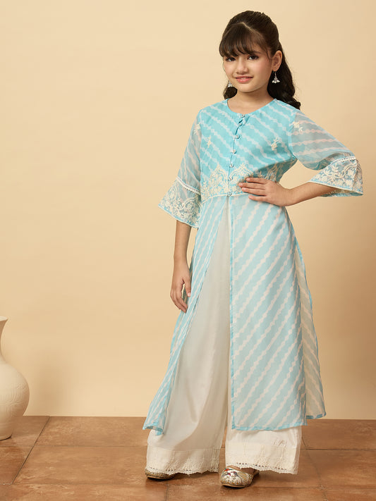Girls Calf Length Embroidery Kurti Set - Blue