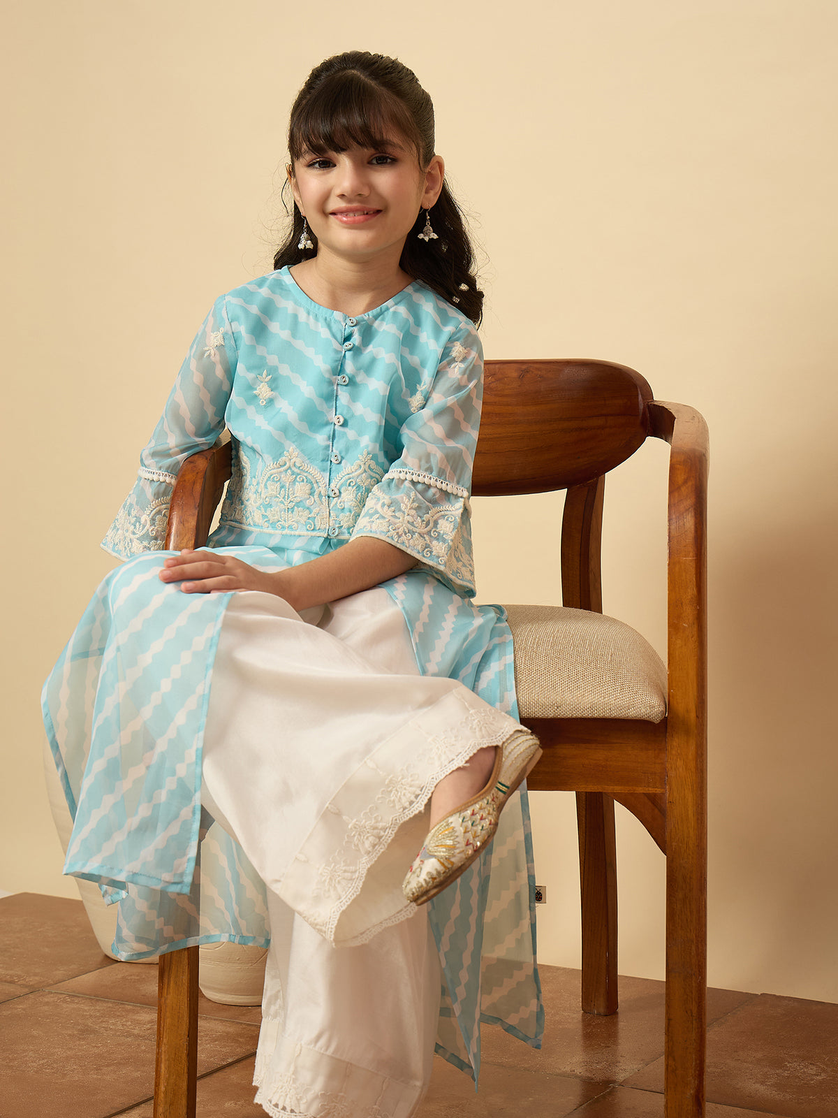 Girls Calf Length Embroidery Kurti Set - Blue