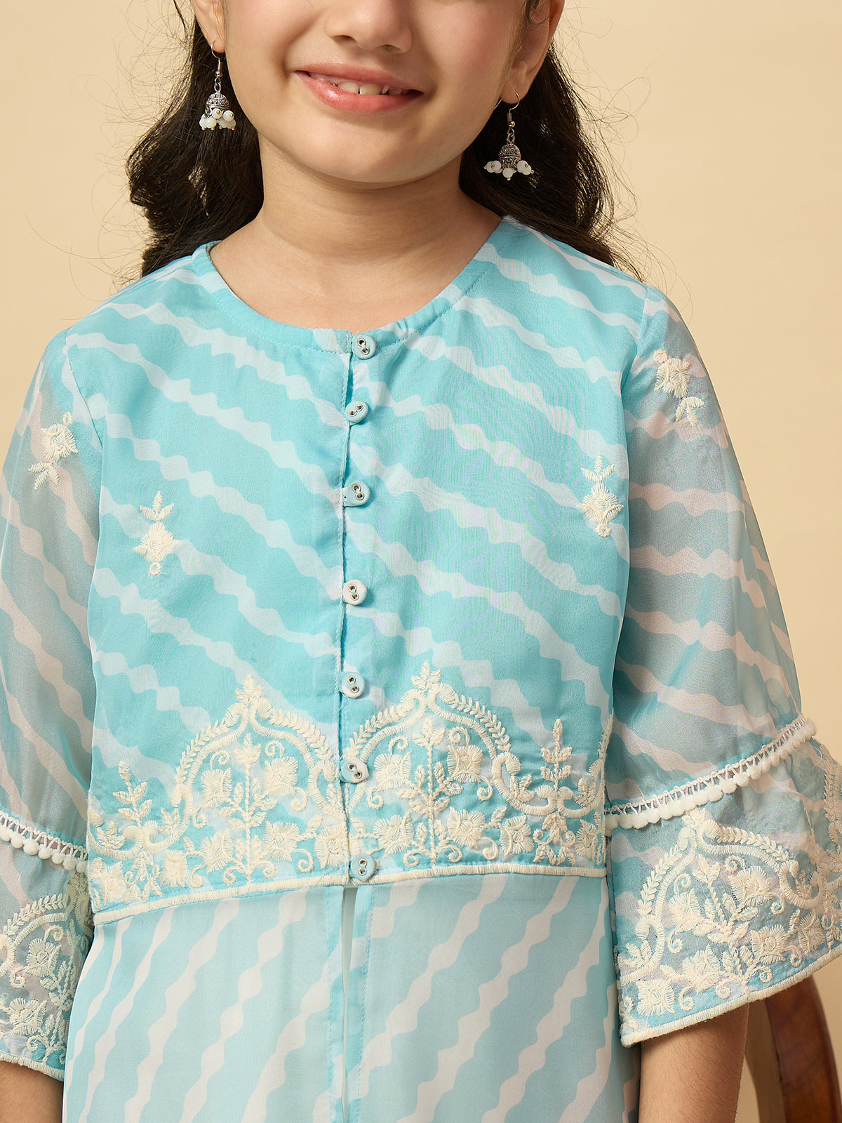 Girls Calf Length Embroidery Kurti Set - Blue