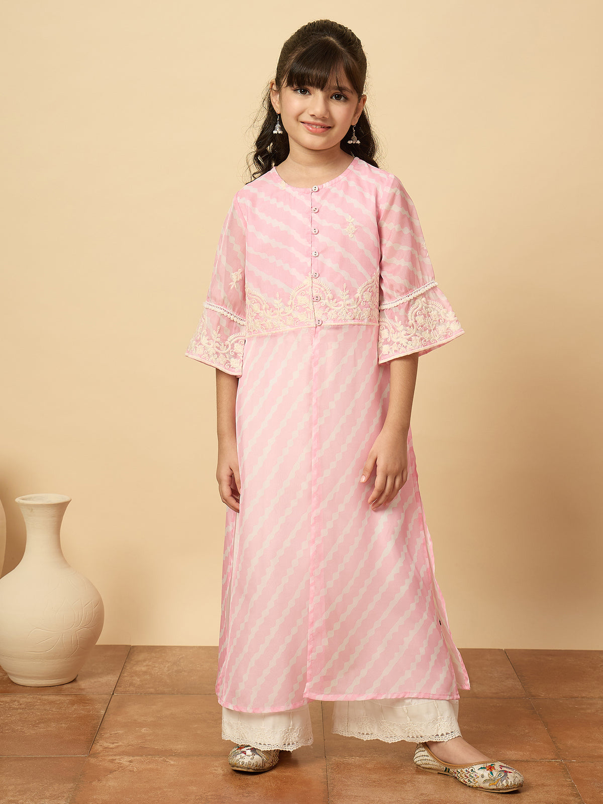 Girls Calf Length Embroidery Kurti Set - Pink