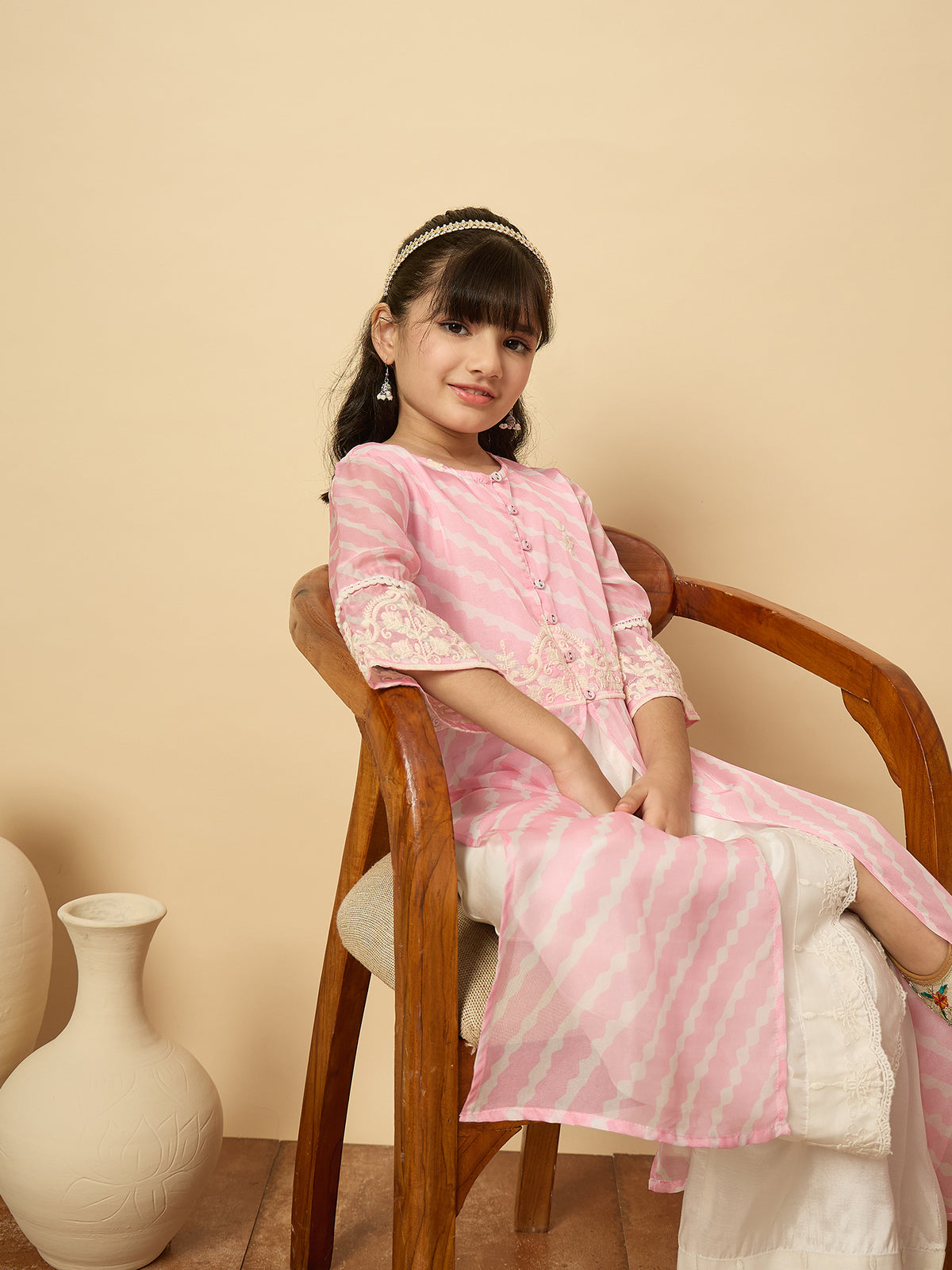 Girls Calf Length Embroidery Kurti Set - Pink