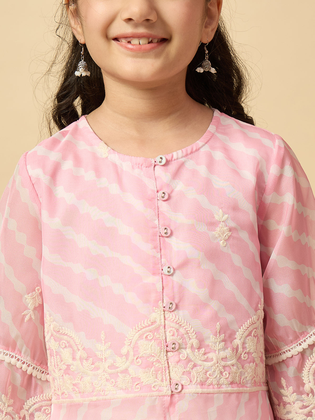 Girls Calf Length Embroidery Kurti Set - Pink