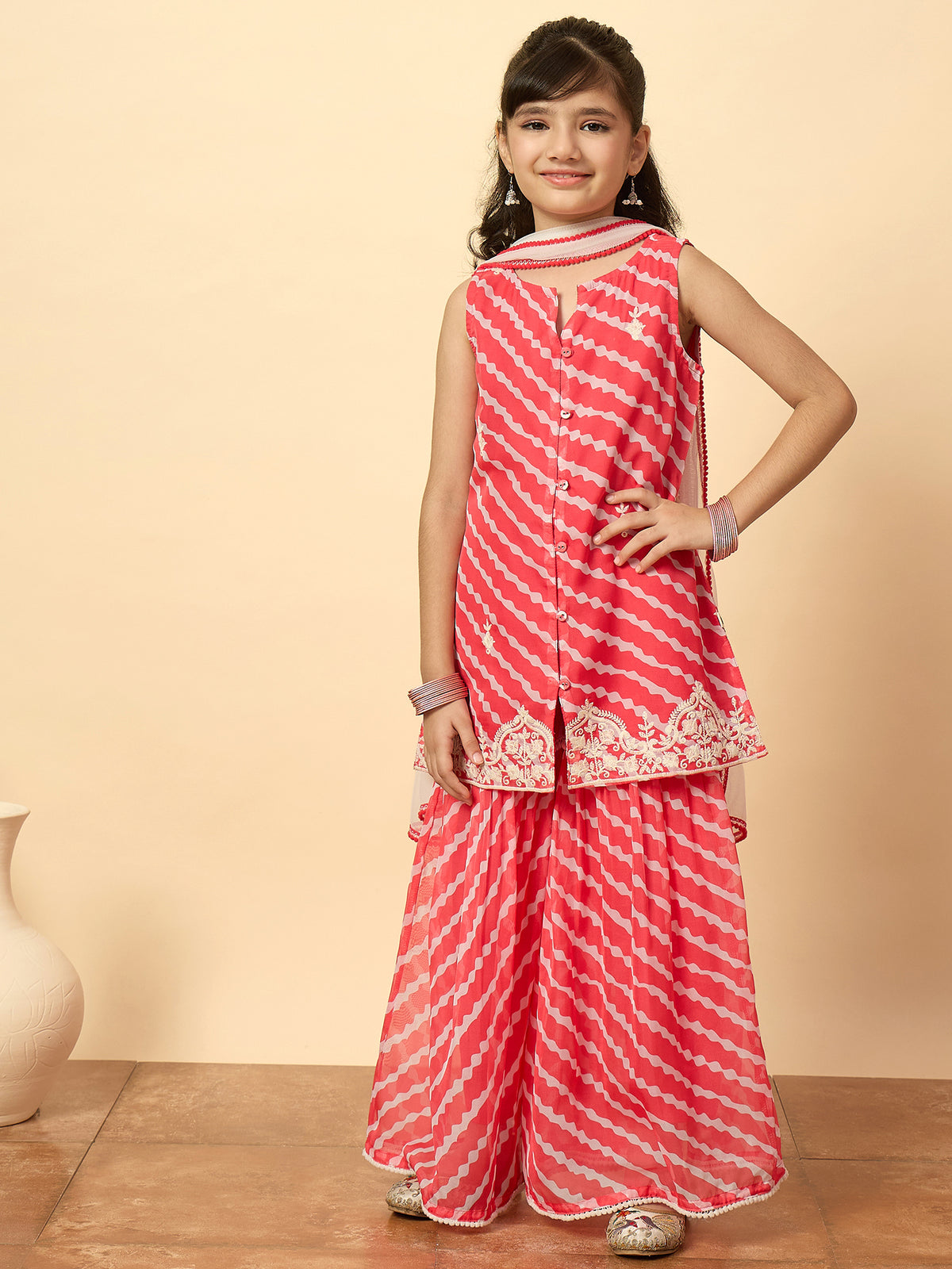 Girls Above Knee Embroidery Kurti Set - Red
