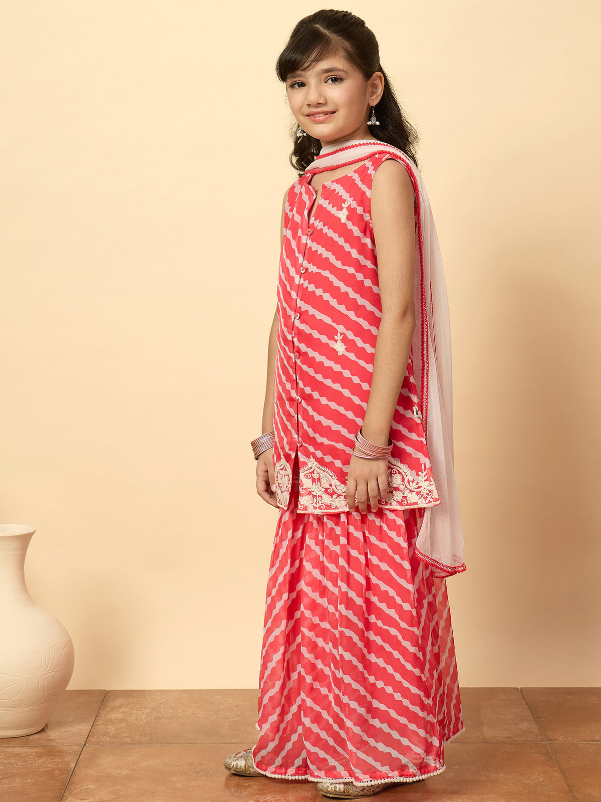 Girls Above Knee Embroidery Kurti Set - Red