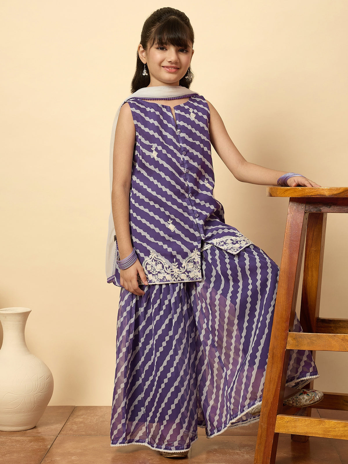 Girls Above Knee Embroidery Kurti Set - Purple