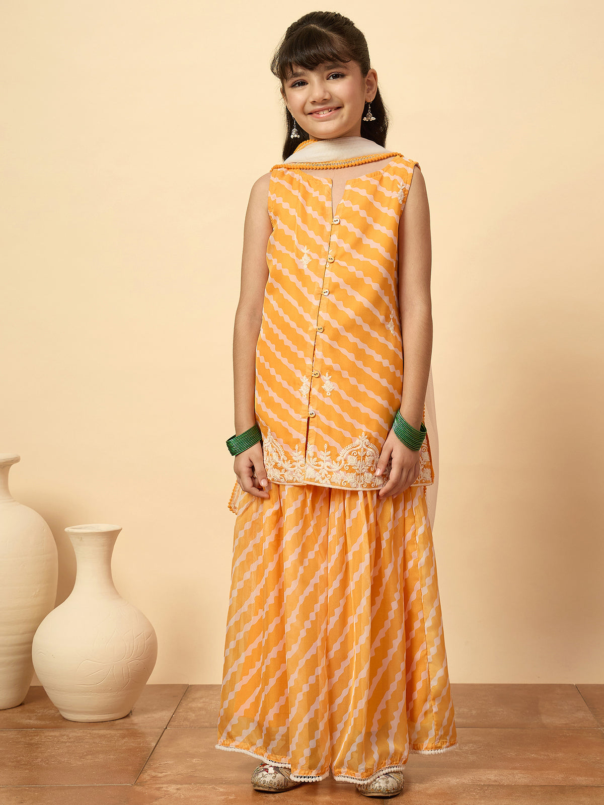 Girls Above Knee Embroidery Kurti Set - Mustard