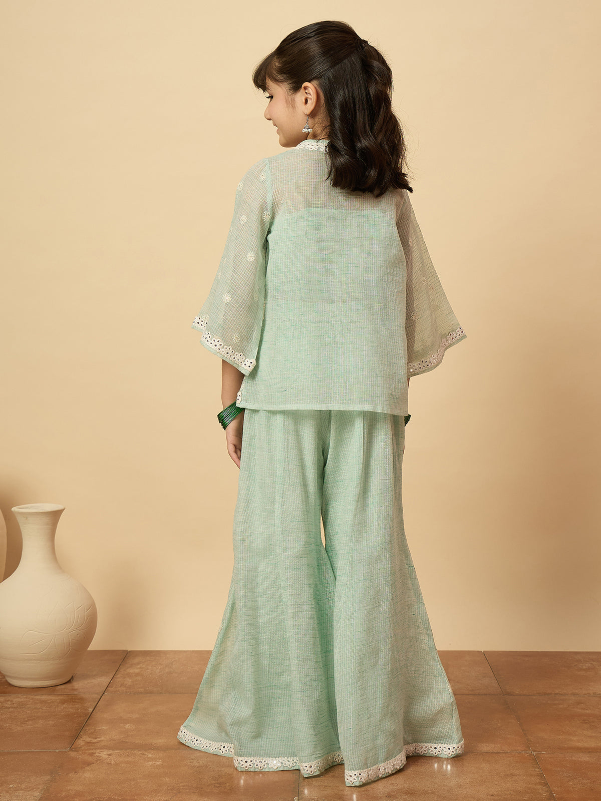 Girls Embroidery Top With Pants - Green
