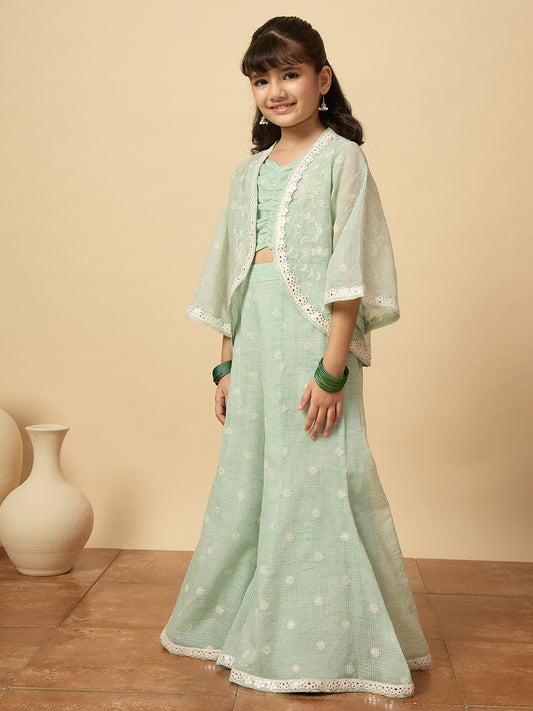 Girls Embroidery Top With Pants - Green