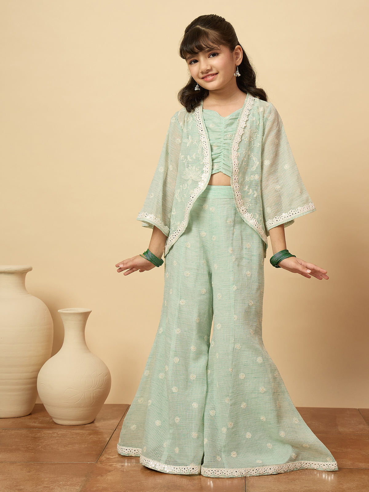 Girls Embroidery Top With Pants - Green
