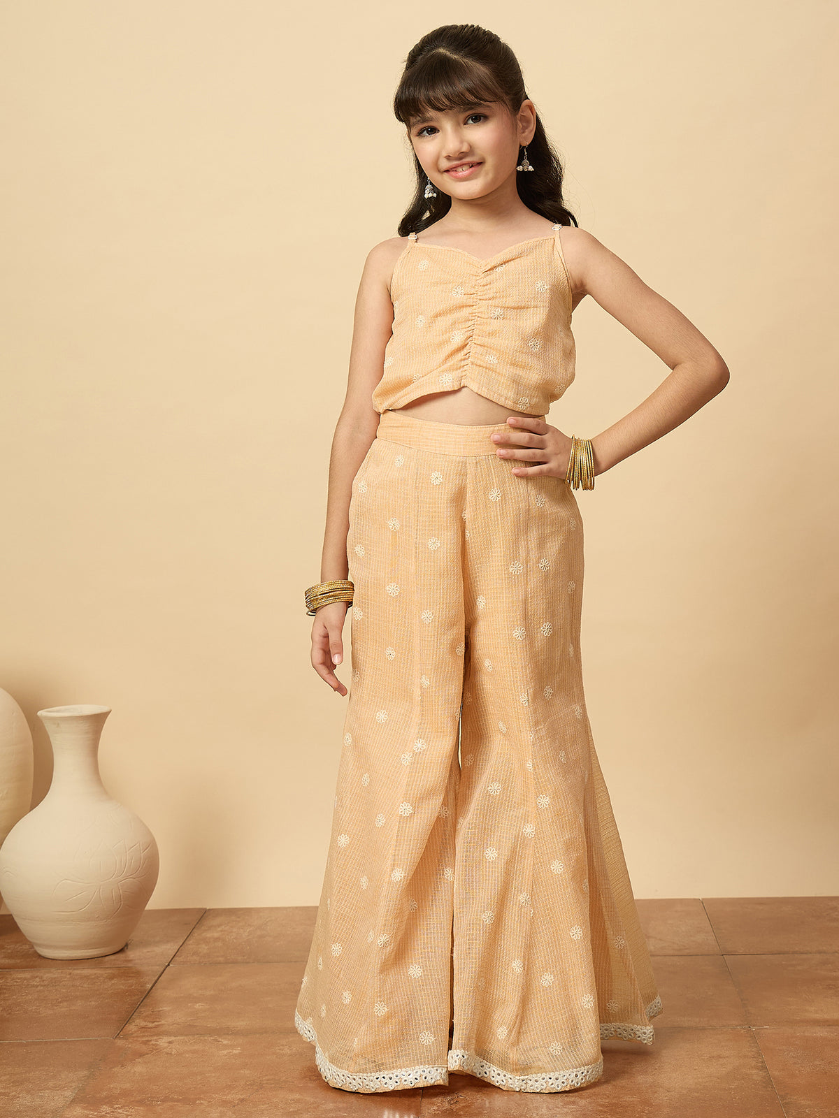 Girls Embroidery Top With Pants - Peach