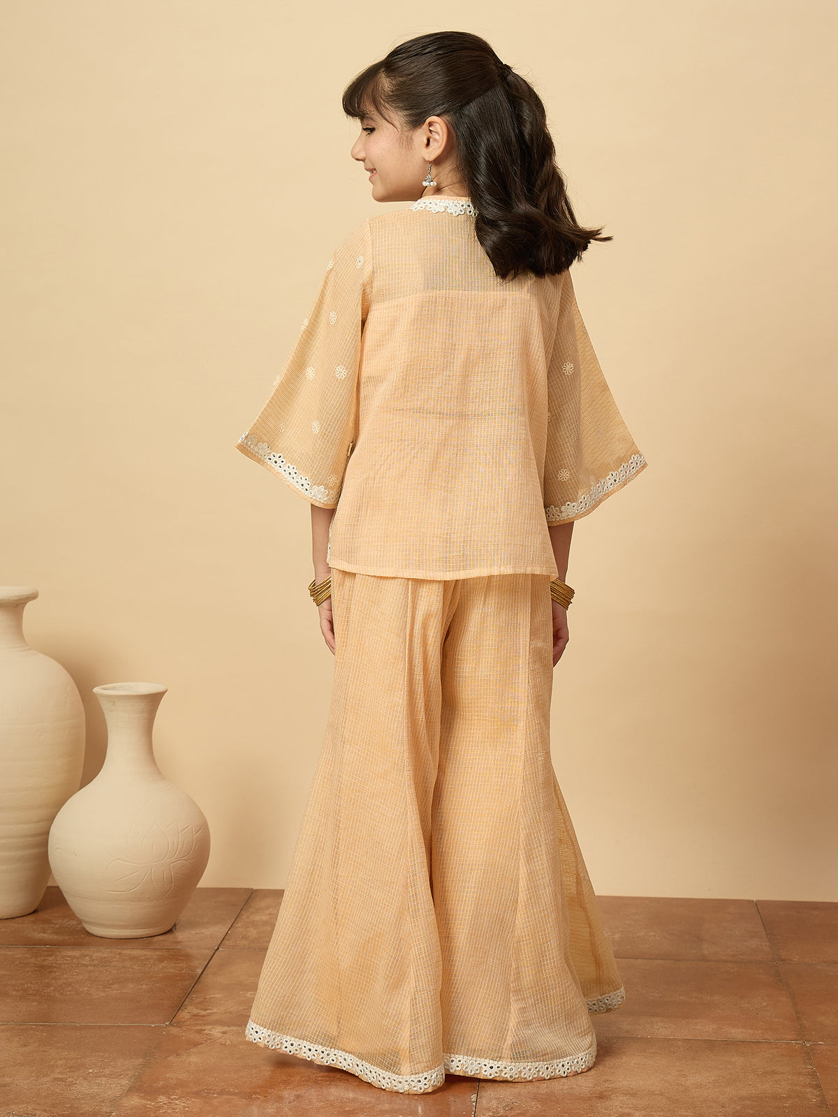 Girls Embroidery Top With Pants - Peach