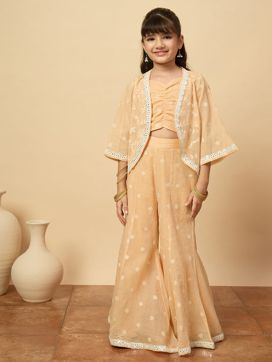 Girls Embroidery Top With Pants - Peach