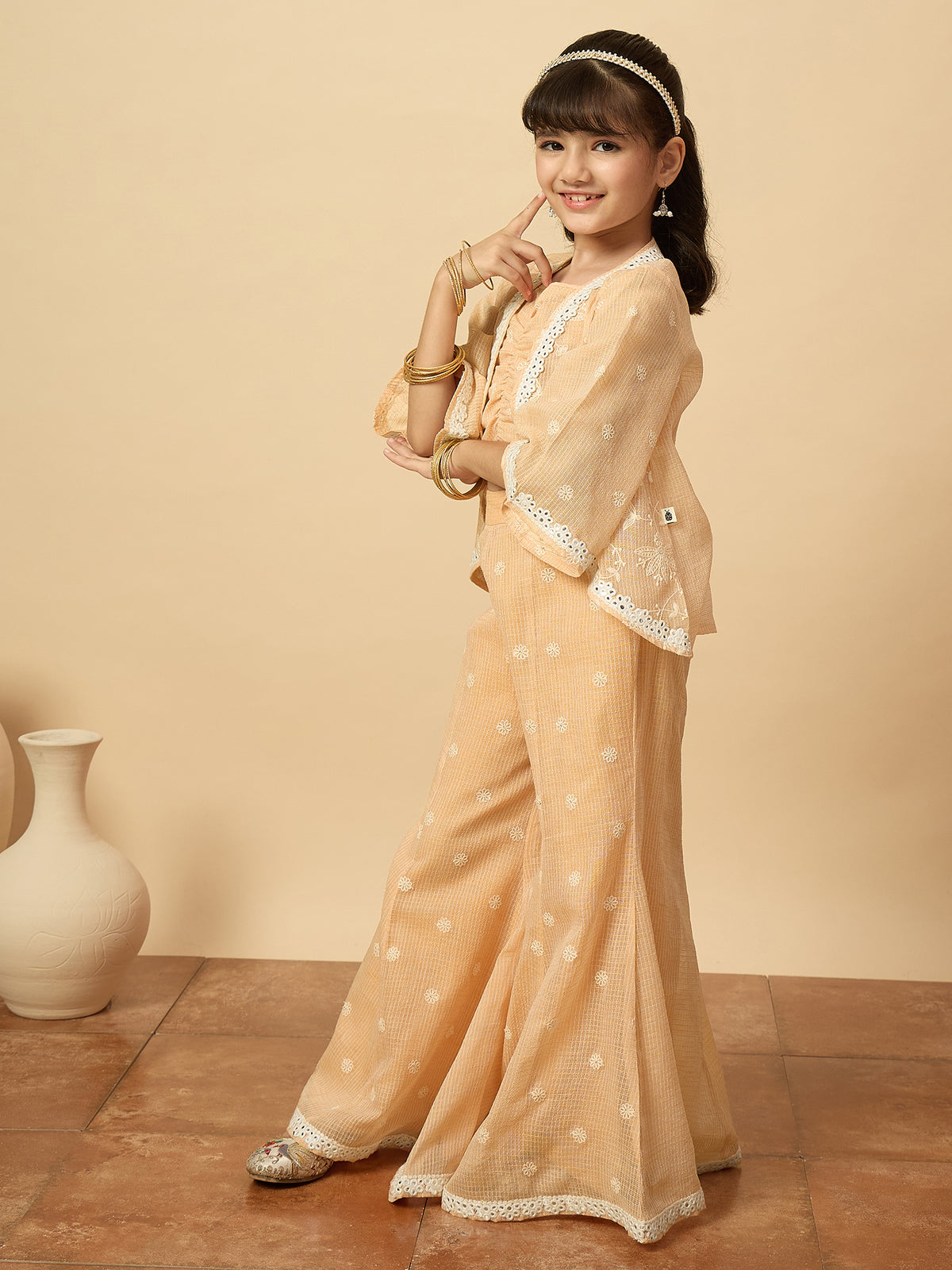 Girls Embroidery Top With Pants - Peach