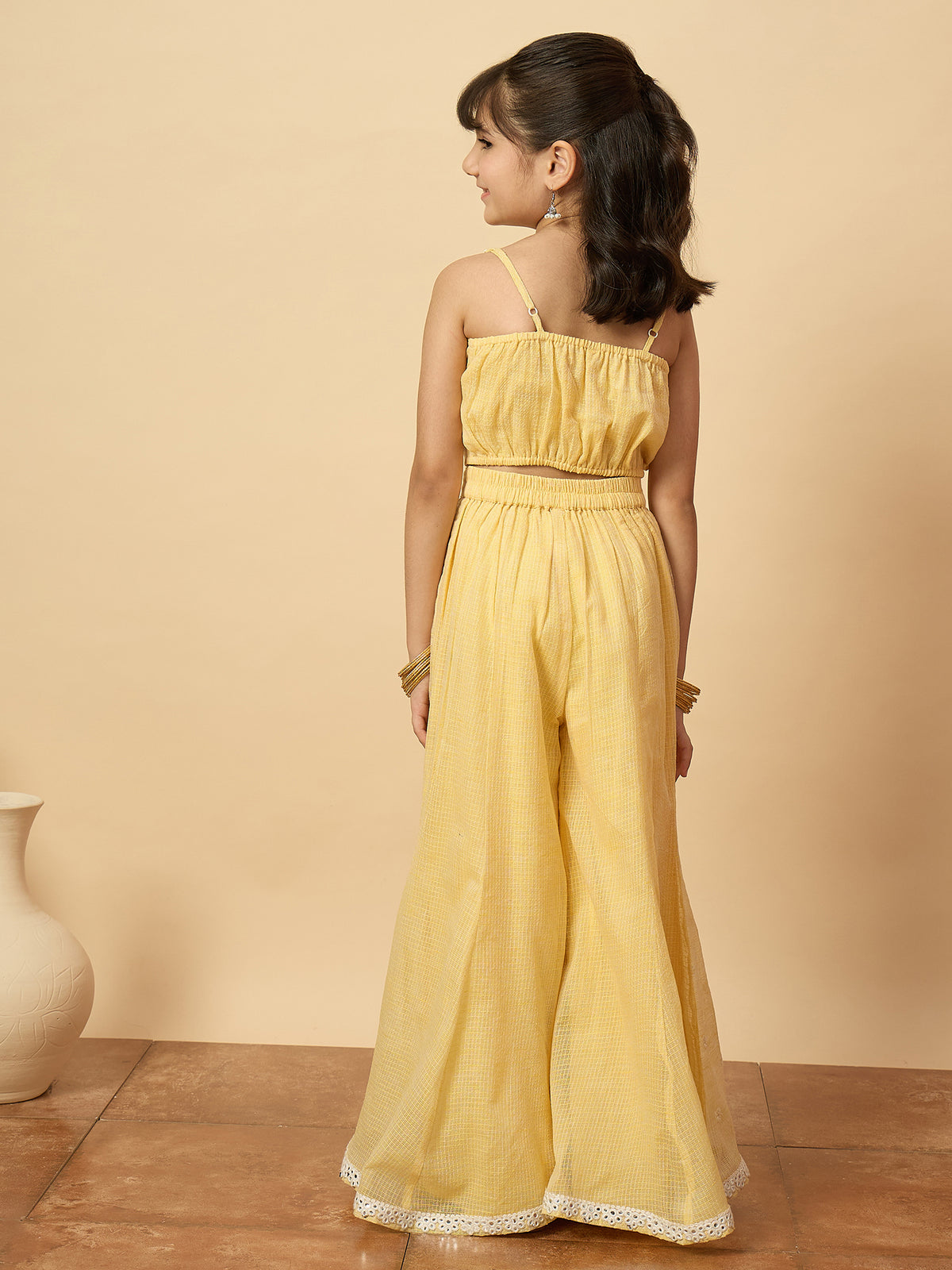 Girls Embroidery Top With Pants - Yellow
