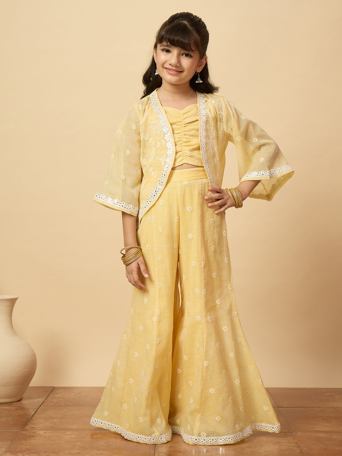 Girls Embroidery Top With Pants - Yellow