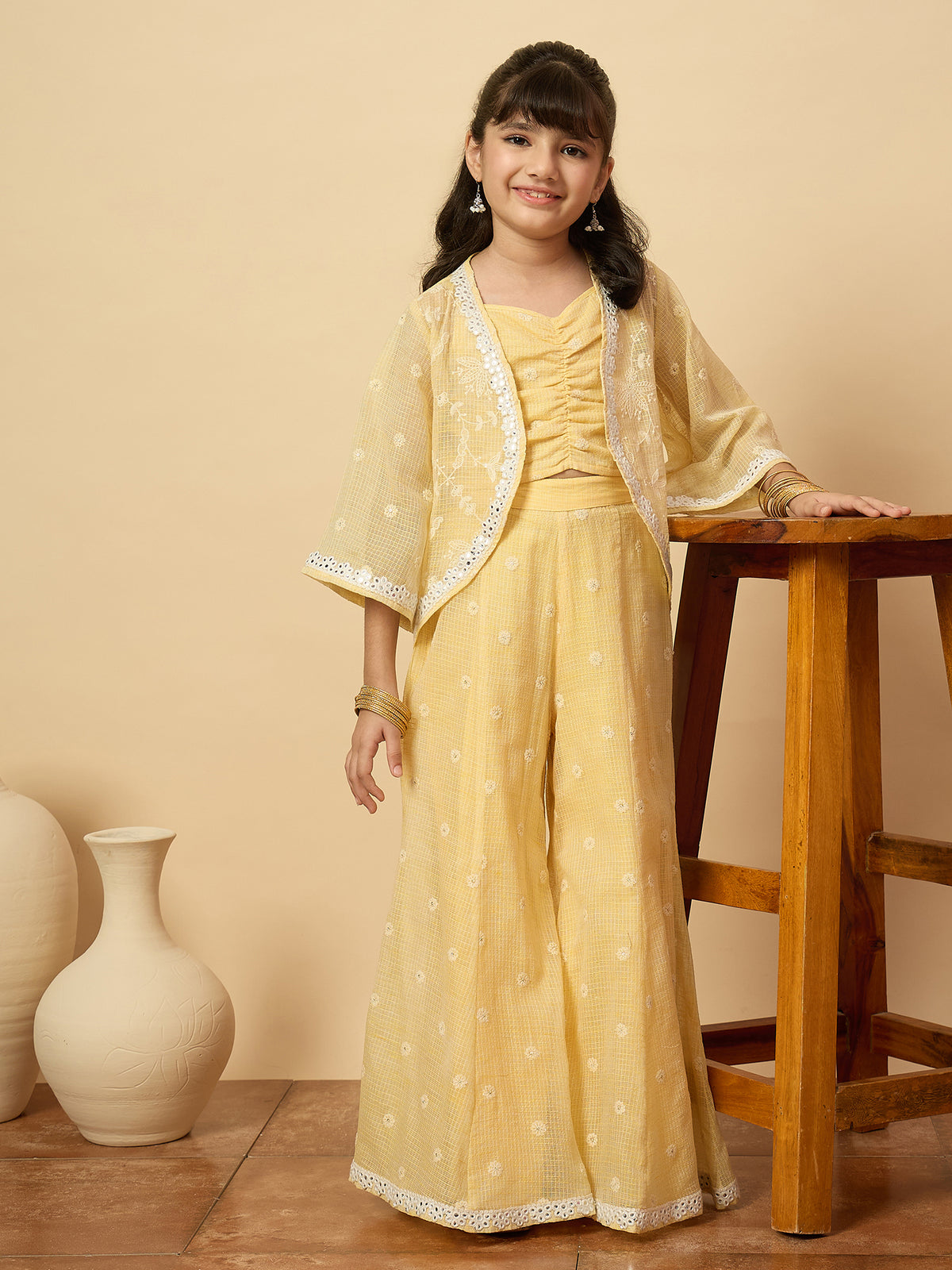Girls Embroidery Top With Pants - Yellow